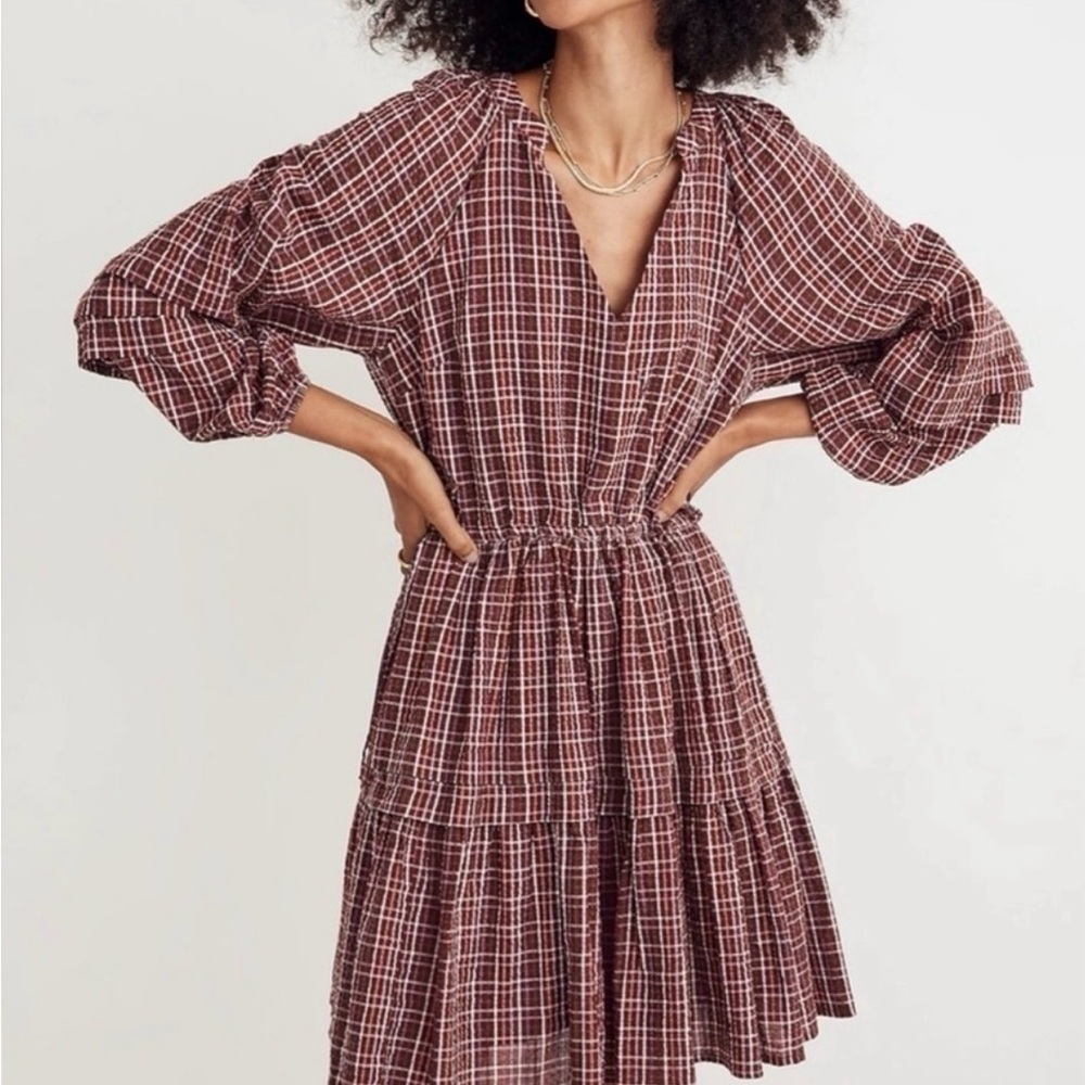 Madewell Burgundy Plaid Long Sleeve Dress